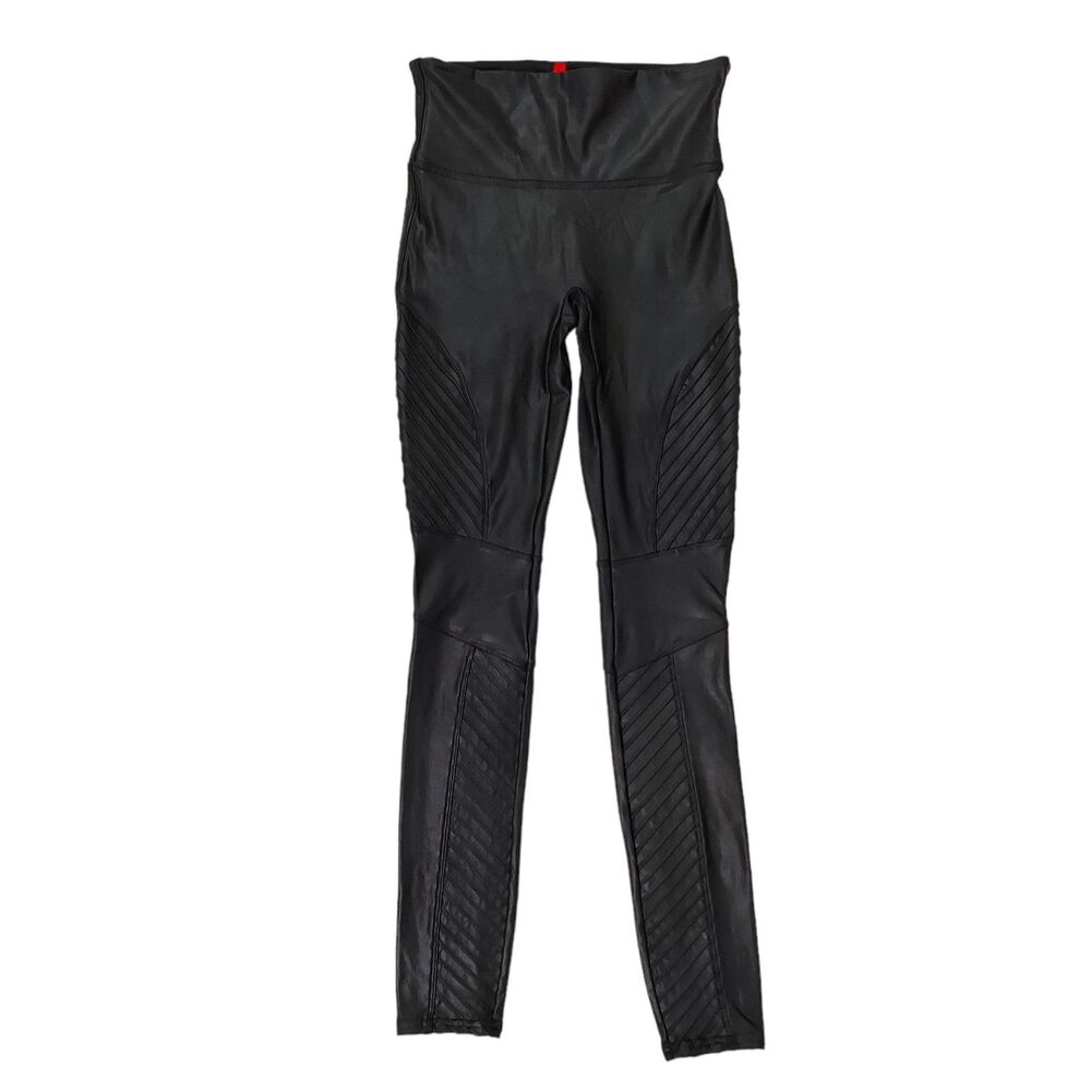 Spanx Moto Leggings Womens Small Black High Waist Faux Leather Pintucked Stretch